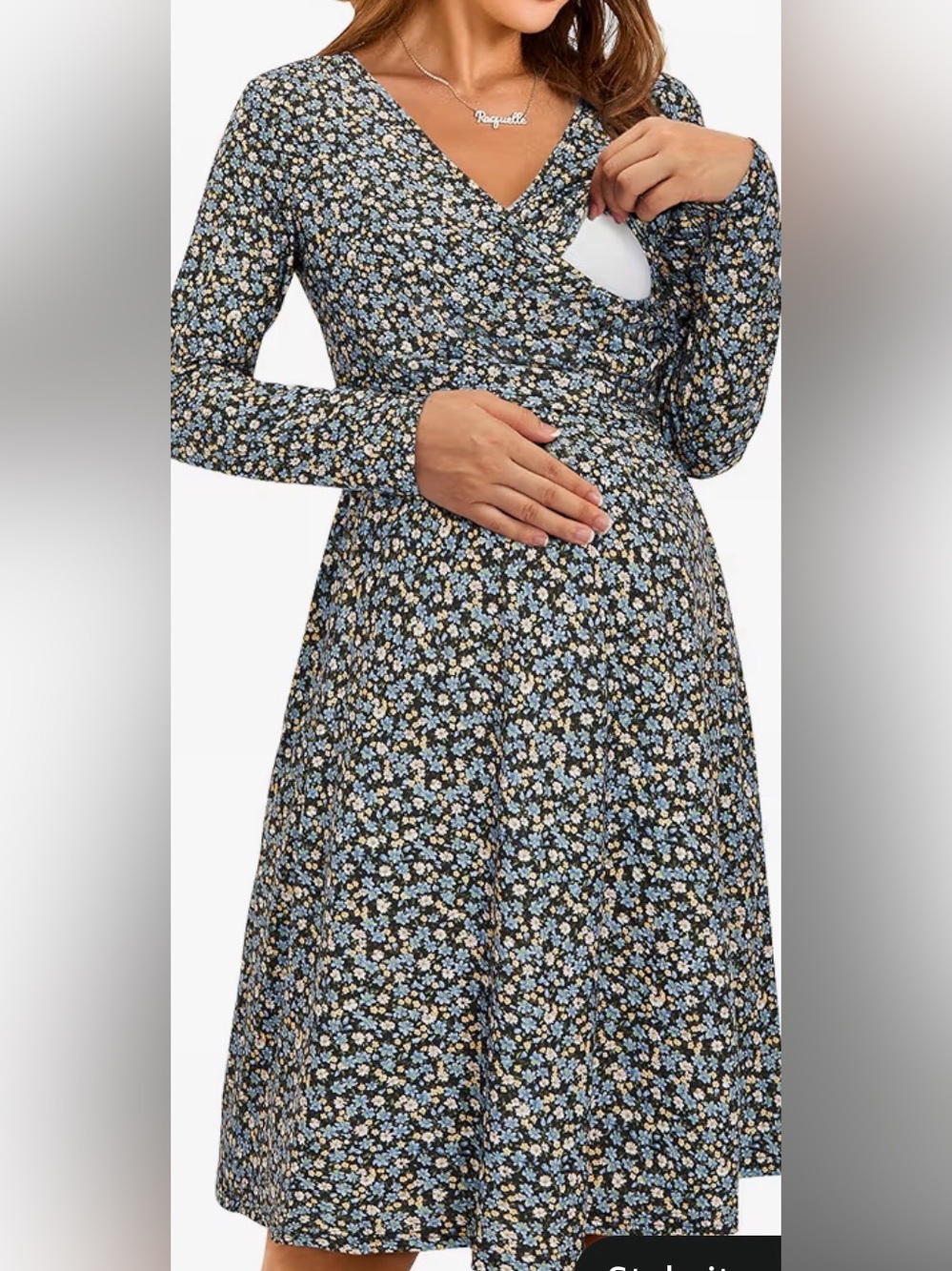 Maternity Floral Long-Sleeve Dress in Black and Blue by ouges